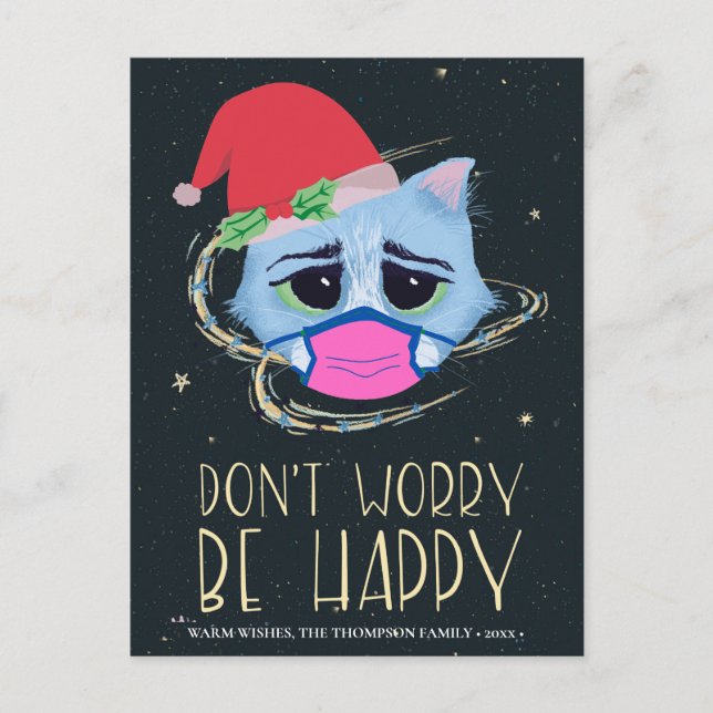 Christmas Cat in Face Mask | Don’t Worry Covid 19 Holiday Postcard (Front)
