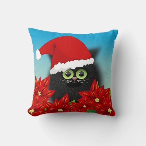 Christmas Cat in Santa Hat Amid Poinsettia Throw Pillow