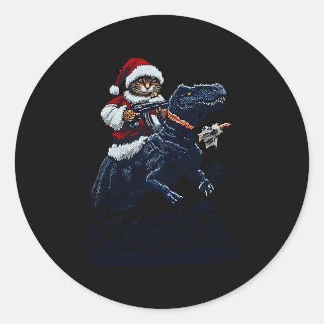 Christmas Cat In Santa Hat Holding A Gun And Dinos Classic Round Sticker (Front)