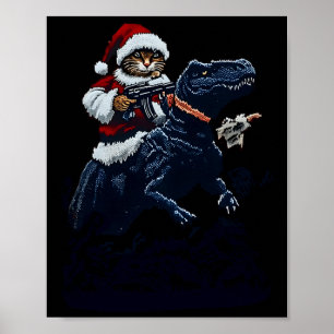 Christmas Cat In Santa Hat Holding A Gun And Dinos Poster