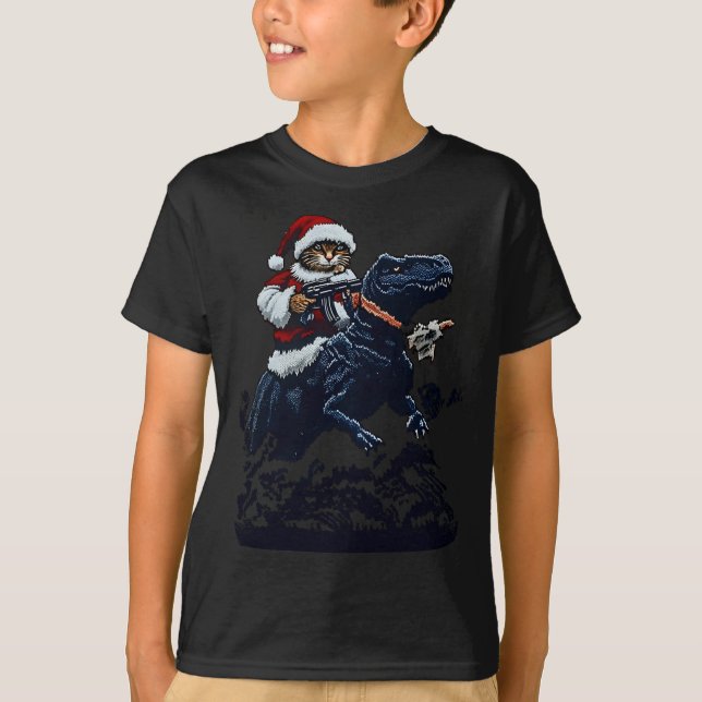 Christmas Cat In Santa Hat Holding A Gun And Dinos T-Shirt (Front)