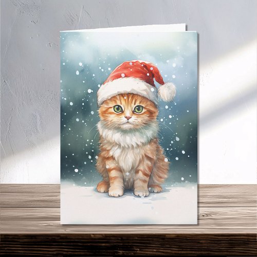 Christmas Cat in Santa Hat in Winter Family Card