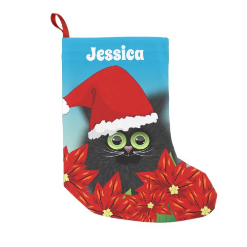 Christmas Cat in Santa Hat Poinsettia Personalised Small Christmas Stocking