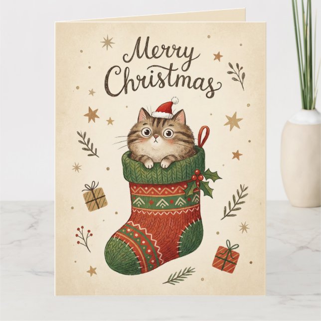 Christmas Cat in Stocking Card (Front)