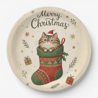 Christmas Cat in Stocking Paper Plates