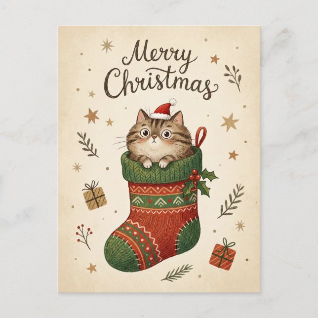 Christmas Cat in Stocking Postcard (Front)