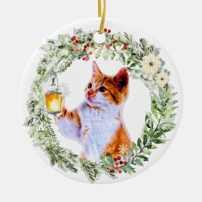Christmas Cat in Wreath with lantern Personalized Ceramic Ornament (Front)