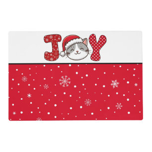 Christmas Cat "JOY" Red White Snowflake & Dots Placemat
