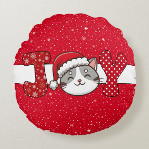Christmas Cat "JOY" Red White Snowflake & Dots Round Pillow