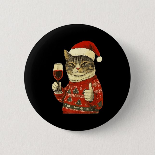 Christmas Cat Likes Cute Cat Drinking Wine With Sa Button (Front)