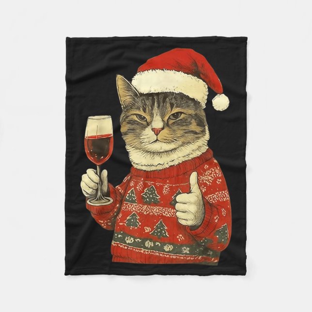 Christmas Cat Likes Cute Cat Drinking Wine With Sa Fleece Blanket (Front)