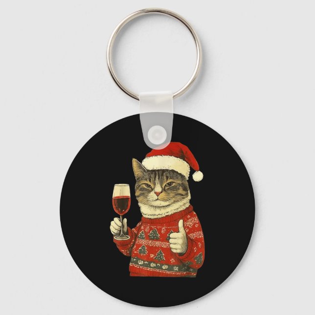 Christmas Cat Likes Cute Cat Drinking Wine With Sa Keychain (Front)