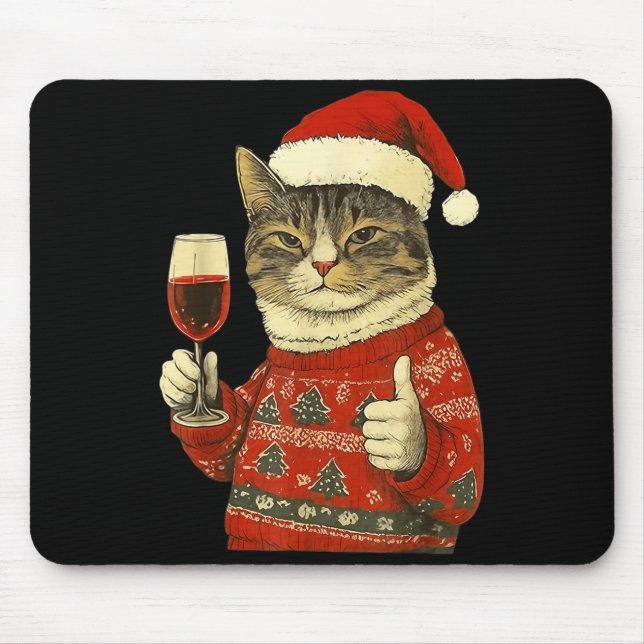 Christmas Cat Likes Cute Cat Drinking Wine With Sa Mouse Pad (Front)
