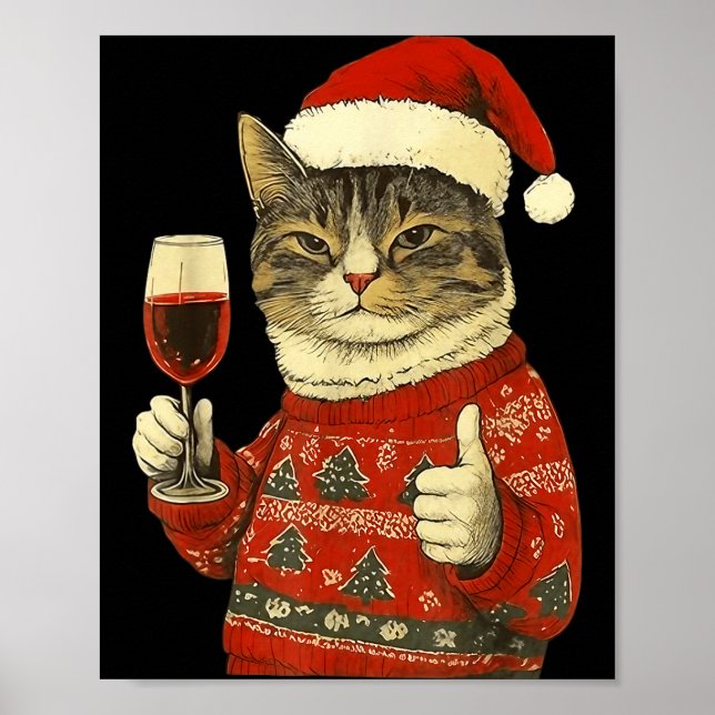 Christmas Cat Likes Cute Cat Drinking Wine With Sa Poster (Front)