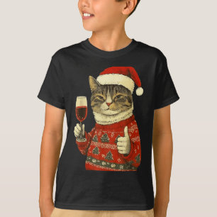 Christmas Cat Likes Cute Cat Drinking Wine With Sa T-Shirt
