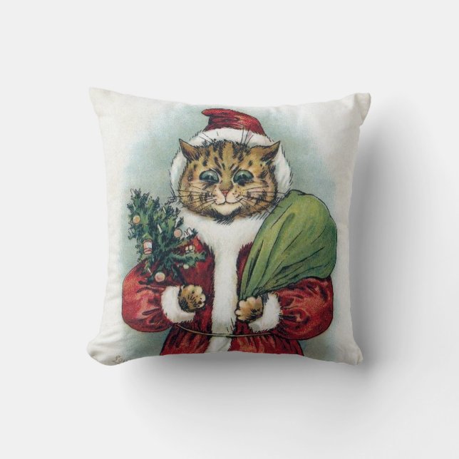 Christmas cat, Louis Wain Throw Pillow (Front)