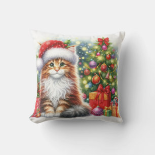 Christmas Cat Maine Coon Kitten Holiday Throw Pillow