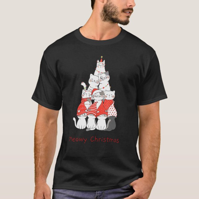 Christmas Cat  Mewy Christmas  Cat Christmas Tree T-Shirt (Front)
