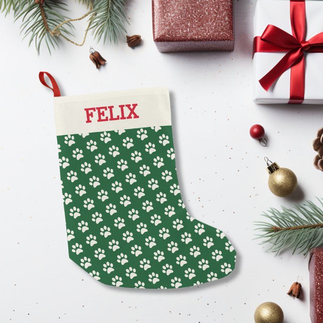 Christmas Cat Name Green Paw Print Personalized Small Christmas Stocking (Creator Uploaded)