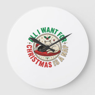 Christmas Cat Nap Holiday Design Large Clock