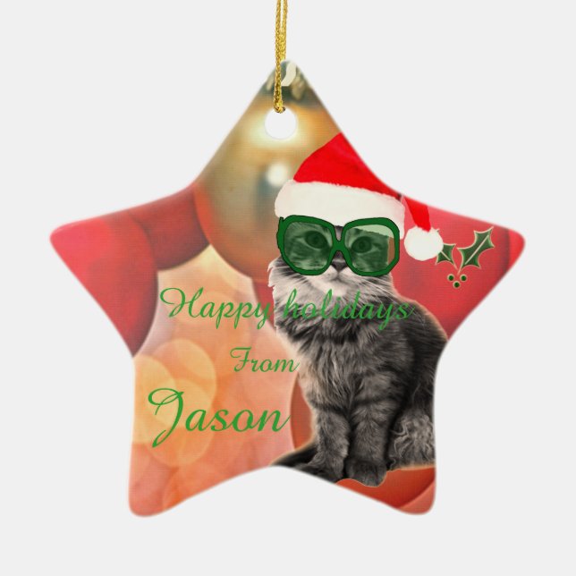 Christmas Cat on a christmas ball background Ceramic Ornament (Front)
