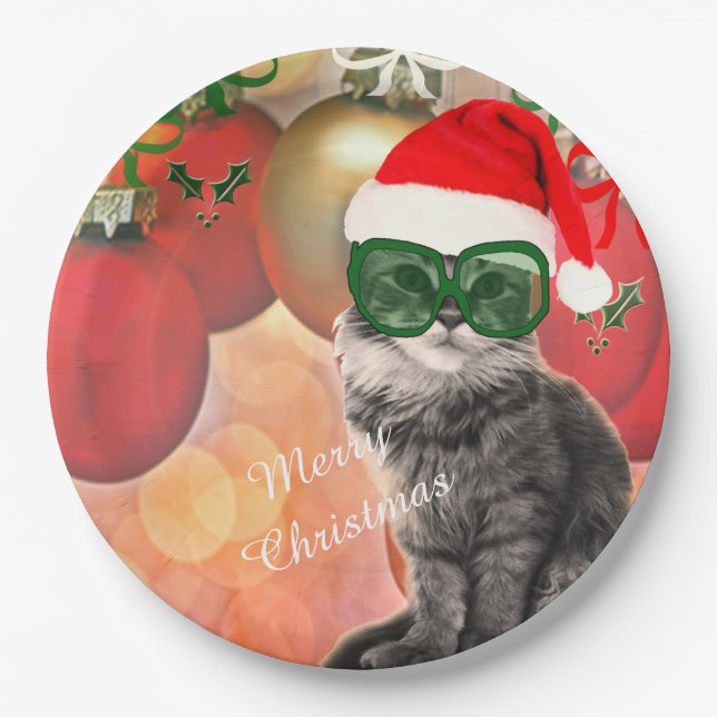 Christmas Cat on a christmas ball background Paper Plates (Front)