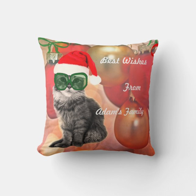 Christmas Cat on baubles background Throw Pillow (Front)