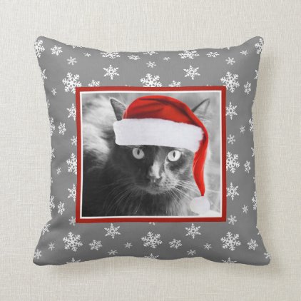 Christmas Cat on Gray Pillow w/ Snowflakes