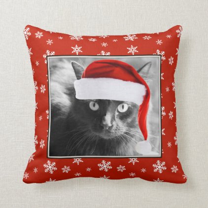 Christmas Cat on Red Pillow w/ Snowflakes