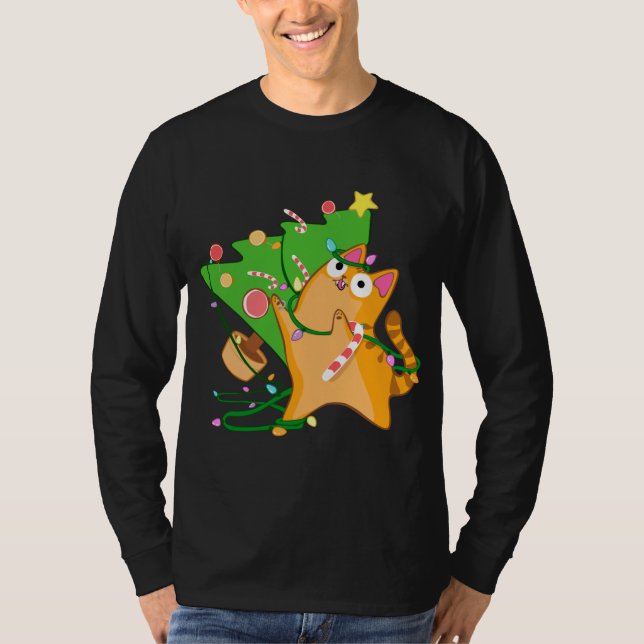 Christmas Cat Orange Tabby with Zoomies xmas tree  T-Shirt (Front)