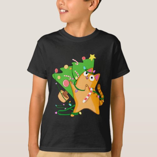 Christmas Cat Orange Tabby with Zoomies xmas tree  T_Shirt