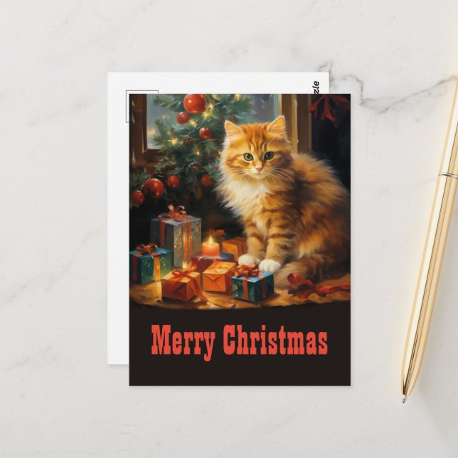 Christmas Cat Painting Postcard (Front/Back In Situ)