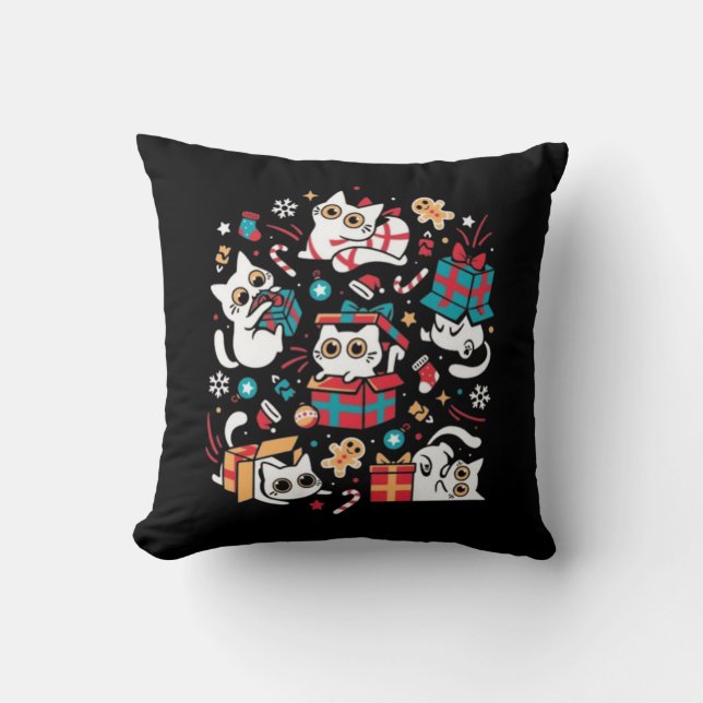 Christmas Cat Party Throw Pillow (Front)