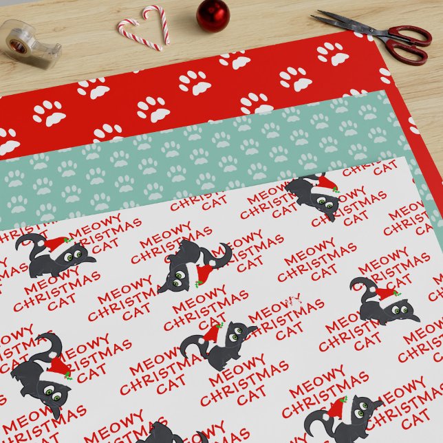 Christmas Cat Pattern Red and Green Paw Print Wrapping Paper Sheets (Wrapping paper sheets for your black cat's Christmas presents)