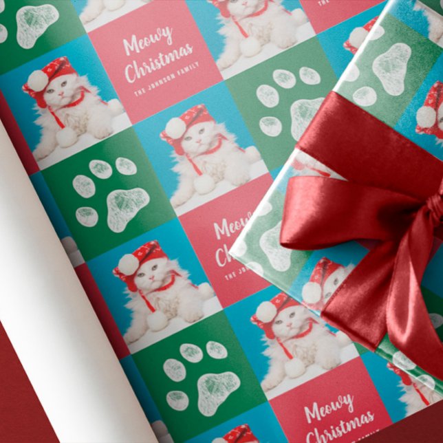 Christmas Cat Paw Print Photo Gift Wrap (Creator Uploaded)