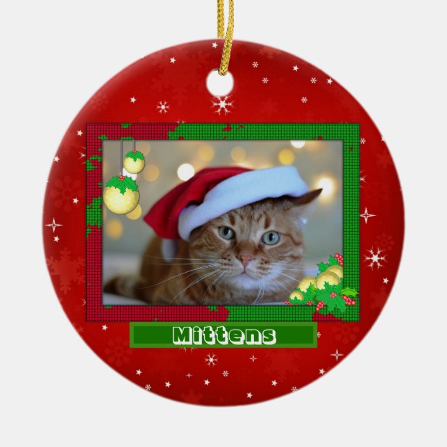 Christmas Cat Pet Photo Name Red Ceramic Ornament (Front)