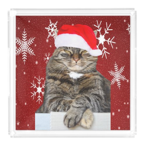 Christmas Cat Photo in Santa Hat Snowflake in Red Acrylic Tray
