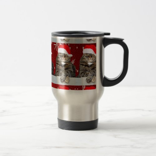 Christmas Cat Photo in Santa Hat Snowflake in Red Travel Mug