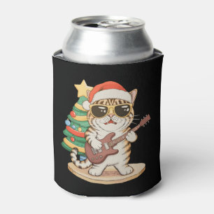 Christmas Cat Playing Guitar Rock Jazz Xmas Hat Can Cooler