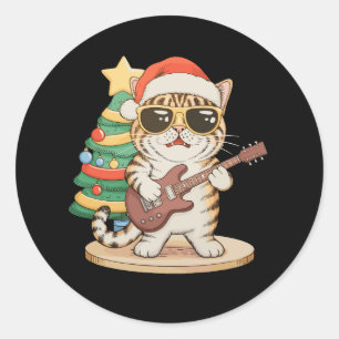 Christmas Cat Playing Guitar Rock Jazz Xmas Hat Classic Round Sticker