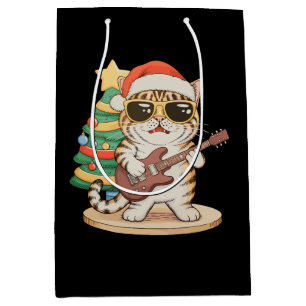 Christmas Cat Playing Guitar Rock Jazz Xmas Hat Medium Gift Bag