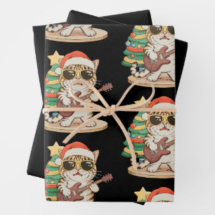 Christmas Cat Playing Guitar Rock Jazz Xmas Hat Wrapping Paper Sheets