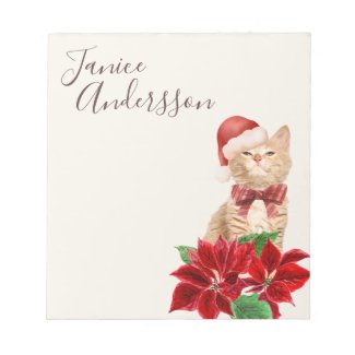 Christmas Cat Poinsettias Santa Hat Name