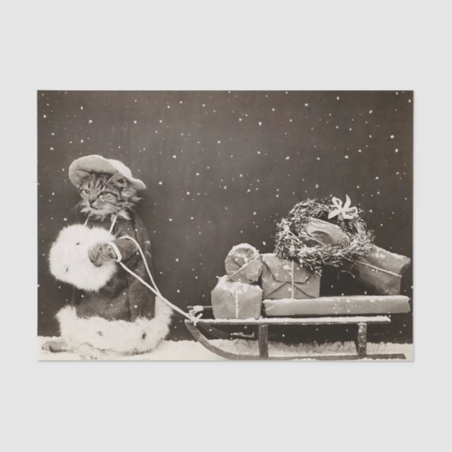 Christmas Cat Pulling a Sled of Presents Tissue Paper (Front)