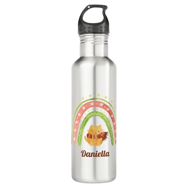 Christmas Cat & Rainbow Personalized Water Bottle (Front)