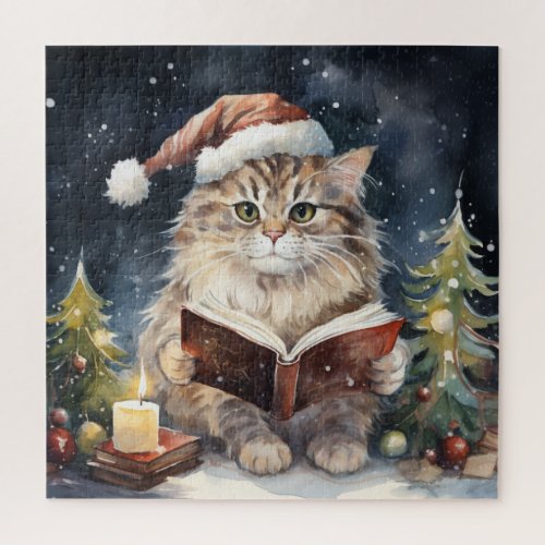Christmas Cat Reading Vintage Card Jigsaw Puzzle