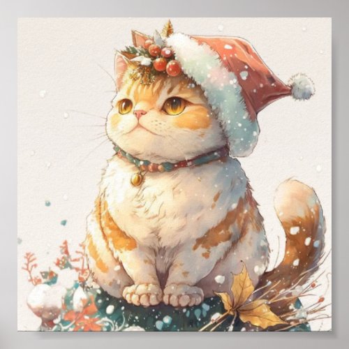 Christmas cat red hat poster