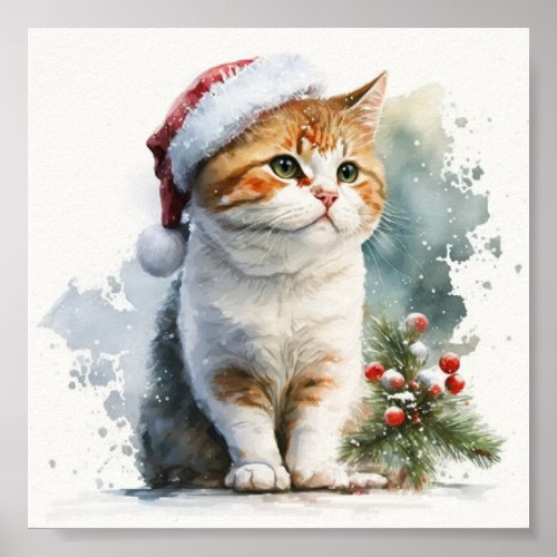 Christmas cat red hat poster