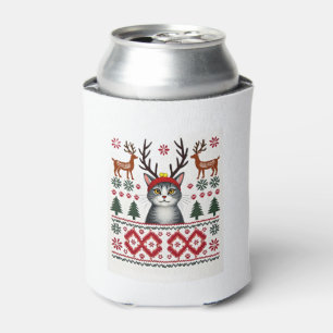 Christmas Cat Reindeer Ugly Christmas Sweater T-Sh Can Cooler