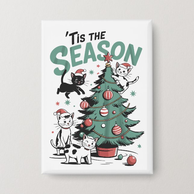 Christmas Cat Retro Tis The Season Meowy Catmas  Button (Front)
